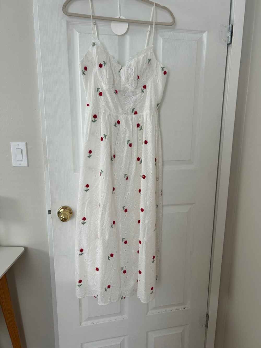 White Eyelet Corset Midi Dress with Red Rose Embroidery
